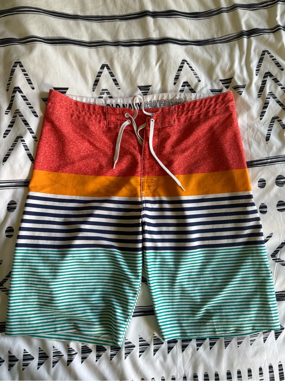 Old Navy Red, Orange, Navy & Teal Stripe Swim Shorts